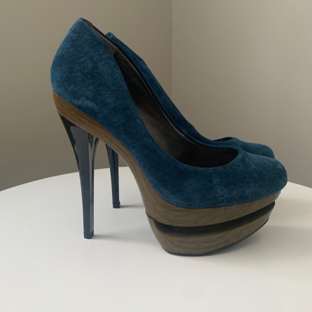 Blue Suede Wooden Platform Heel
